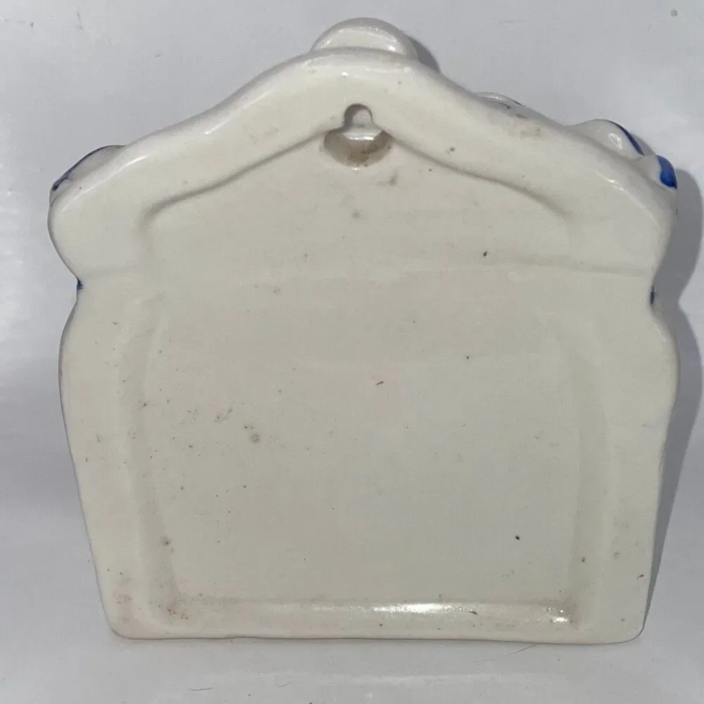Vintage Tea Jar Hanging Wall Pocket Canister Blue White Ceramic Grape Hand Paint